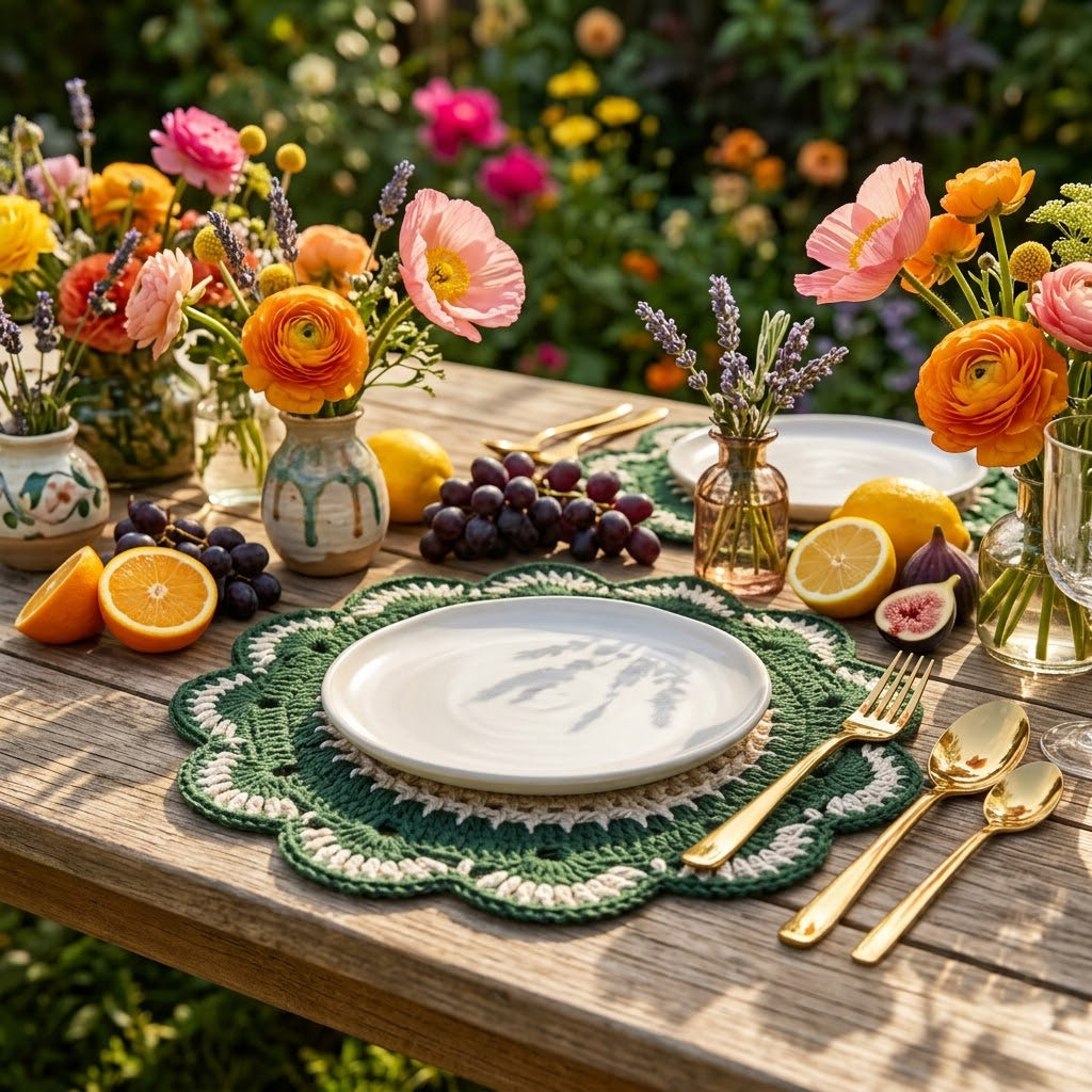 Cozy Weave Crochet Placemat - Pine and Ivory