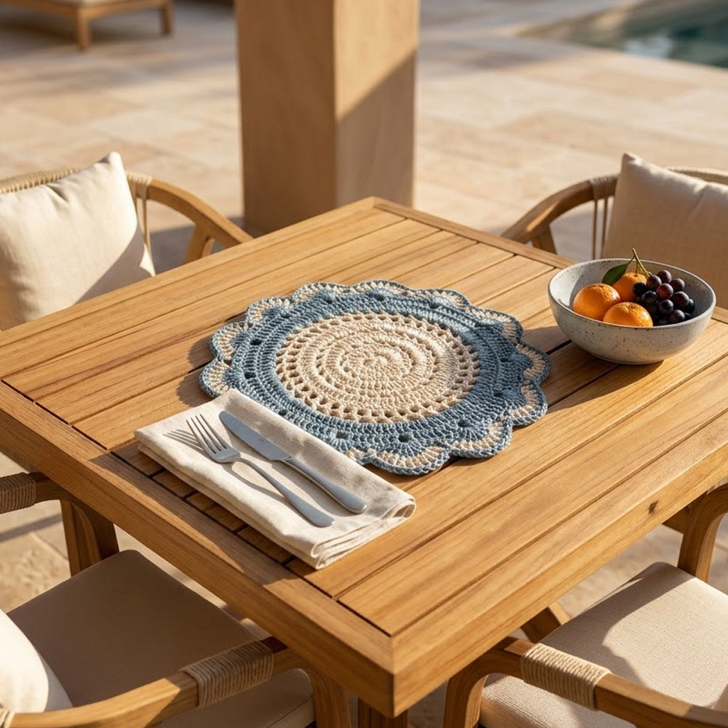 Cozy Weave Crochet Placemat - Slate blue and Ivory