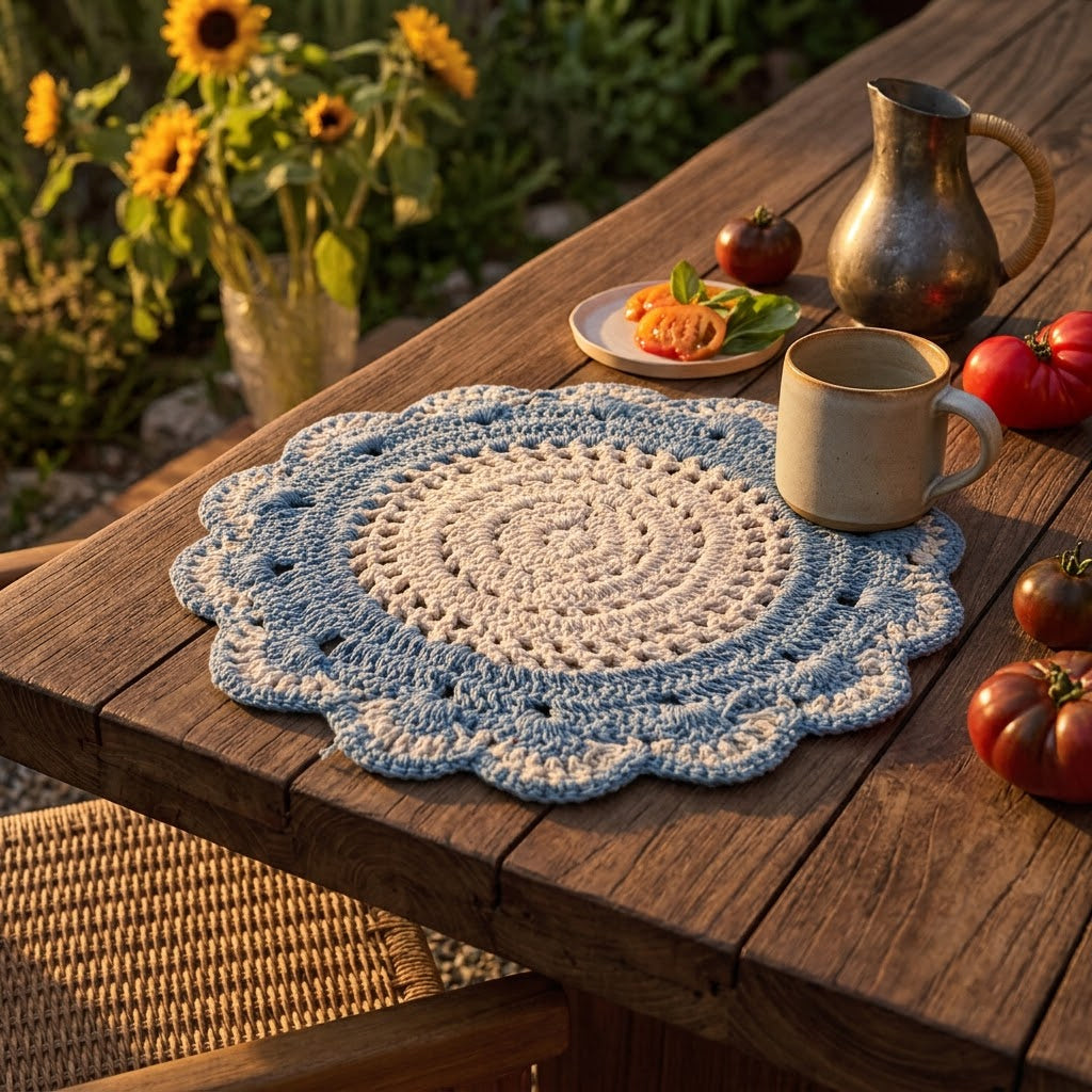 Cozy Weave Crochet Placemat - Slate blue and Ivory