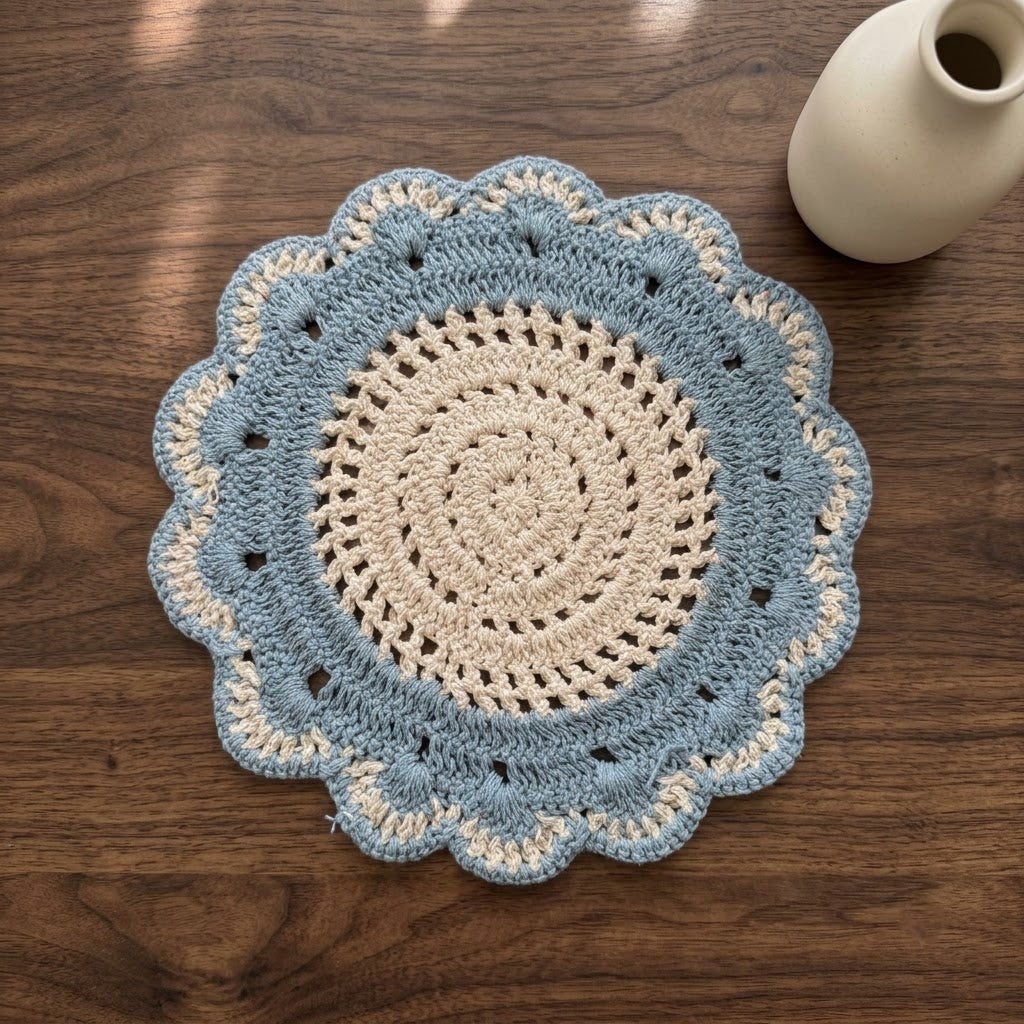 Cozy Weave Crochet Placemat - Slate blue and Ivory