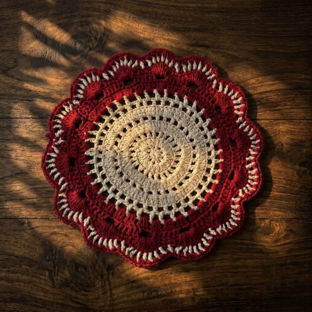 Cozy Weave Crochet Placemat -Red and Ivory