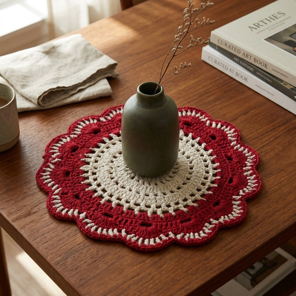 Cozy Weave Crochet Placemat -Red and Ivory