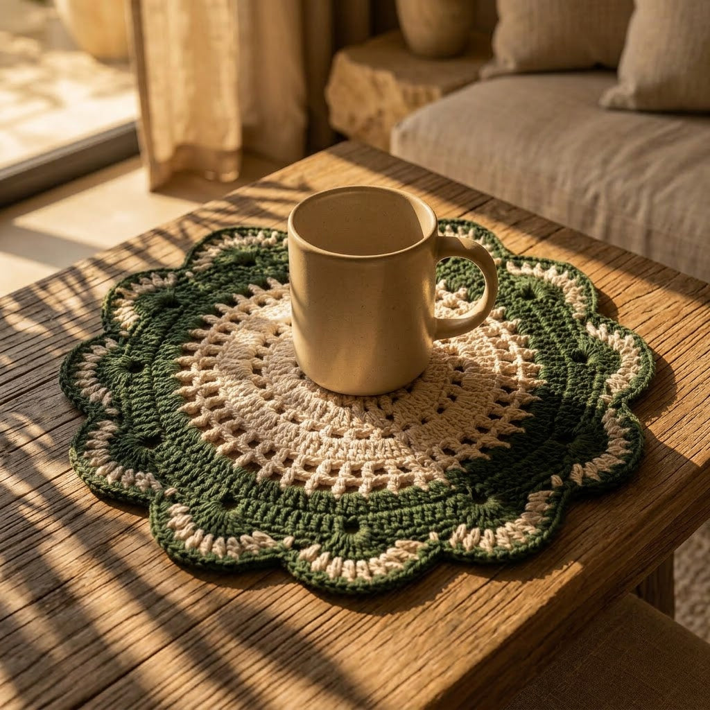 Cozy Weave Crochet Placemat - Pine and Ivory