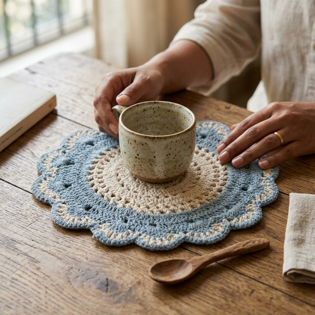 Cozy Weave Crochet Placemat - Slate blue and Ivory